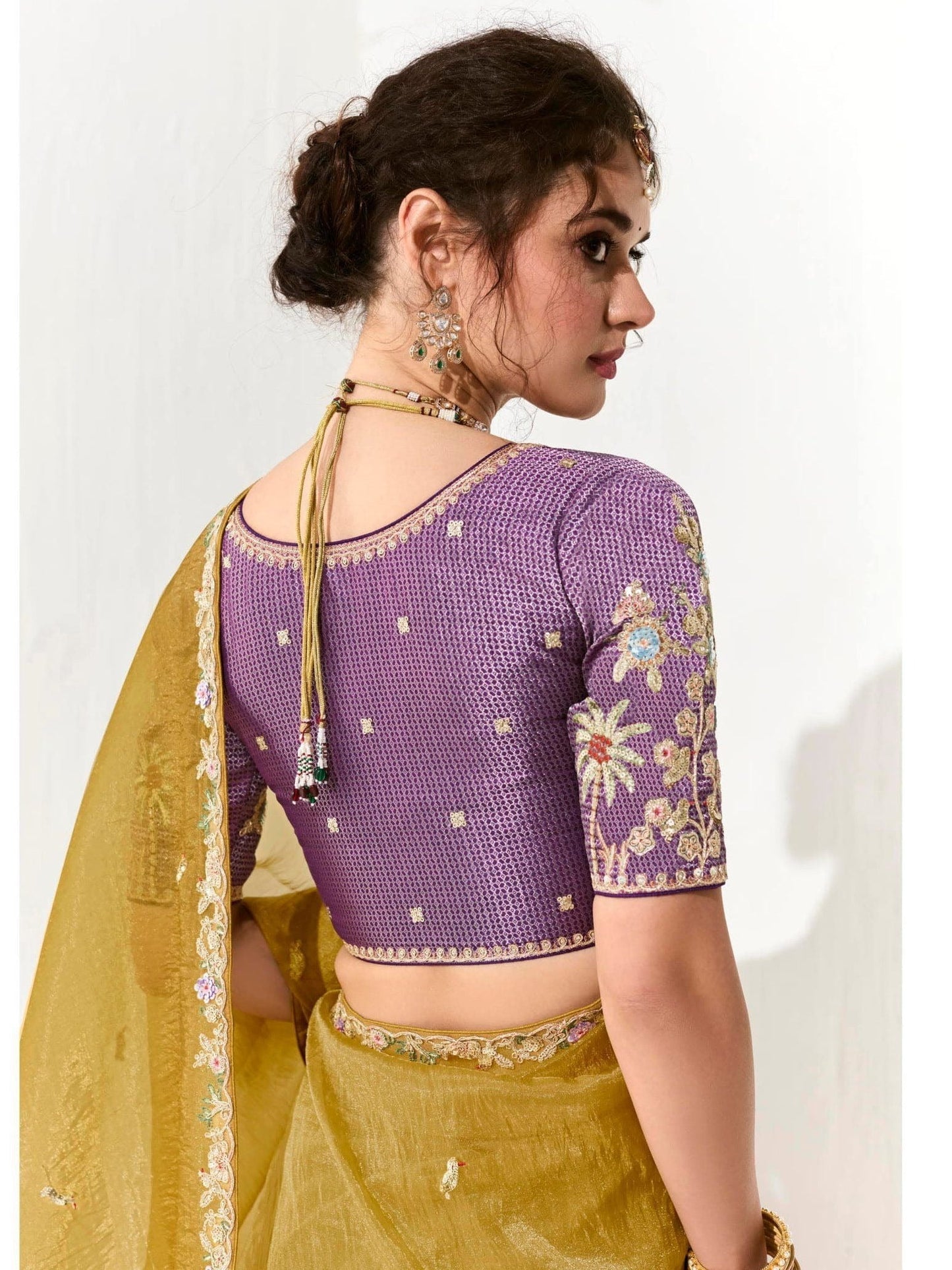 Dhiyona KM Women Mustard Tissue Silk Saree With Sequin Embellishments & Purple Embroidered Blouse