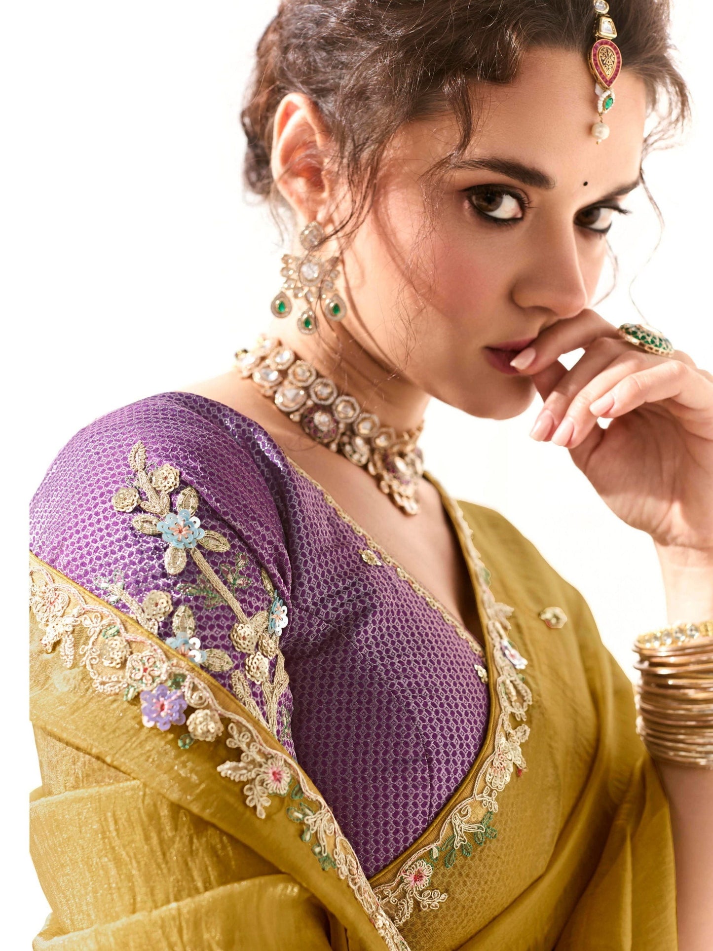 Dhiyona KM Women Mustard Tissue Silk Saree With Sequin Embellishments & Purple Embroidered Blouse