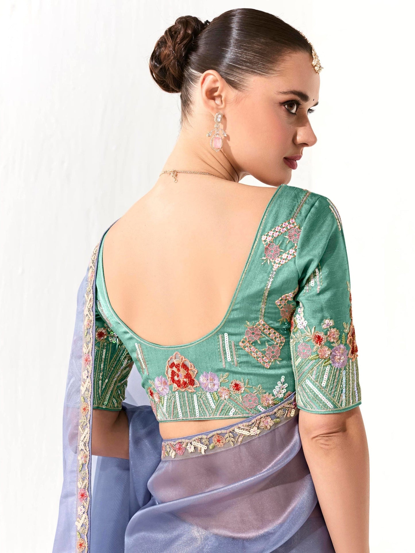 Dhiyona KM Women Premium Blue Organza Saree With Embroidered Green Blouse