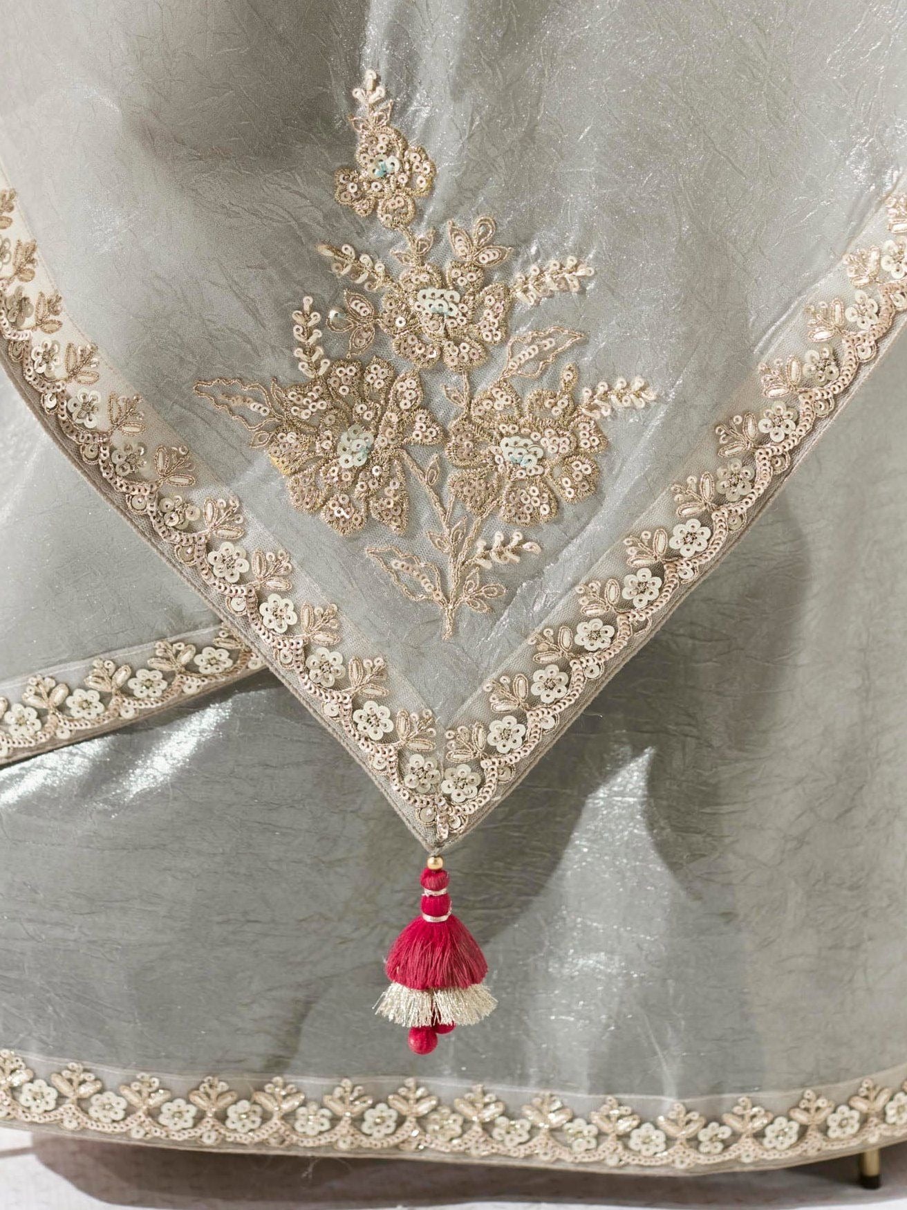 Dhiyona KM Women Elegant Grey Silk Organza Saree With Red Blouse “ Inspired By Shadows & Fire