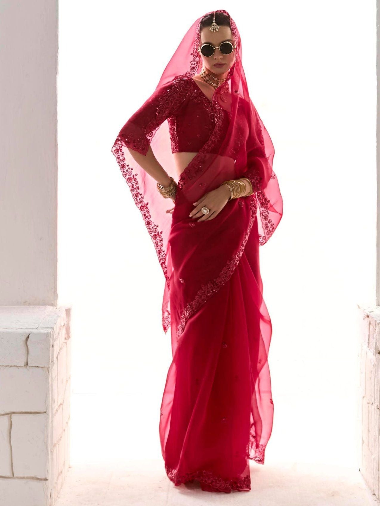 Dhiyona KM Women Red Silk Saree With Matching Blouse
