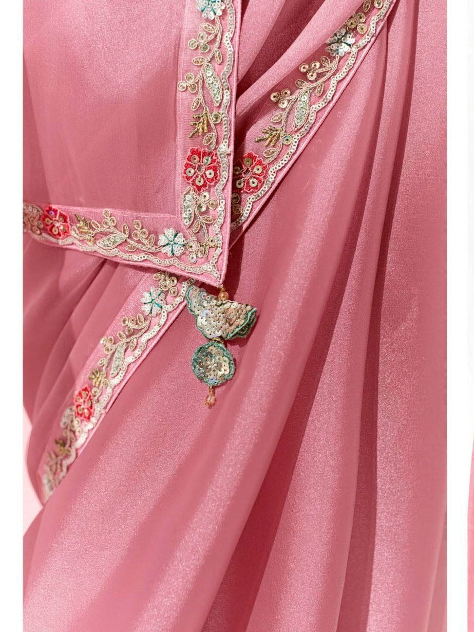 Dhiyona KM Women Pink Silk Organza Saree With Green Blouse