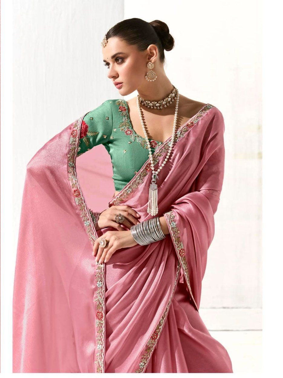 Dhiyona KM Women Pink Silk Organza Saree With Green Blouse