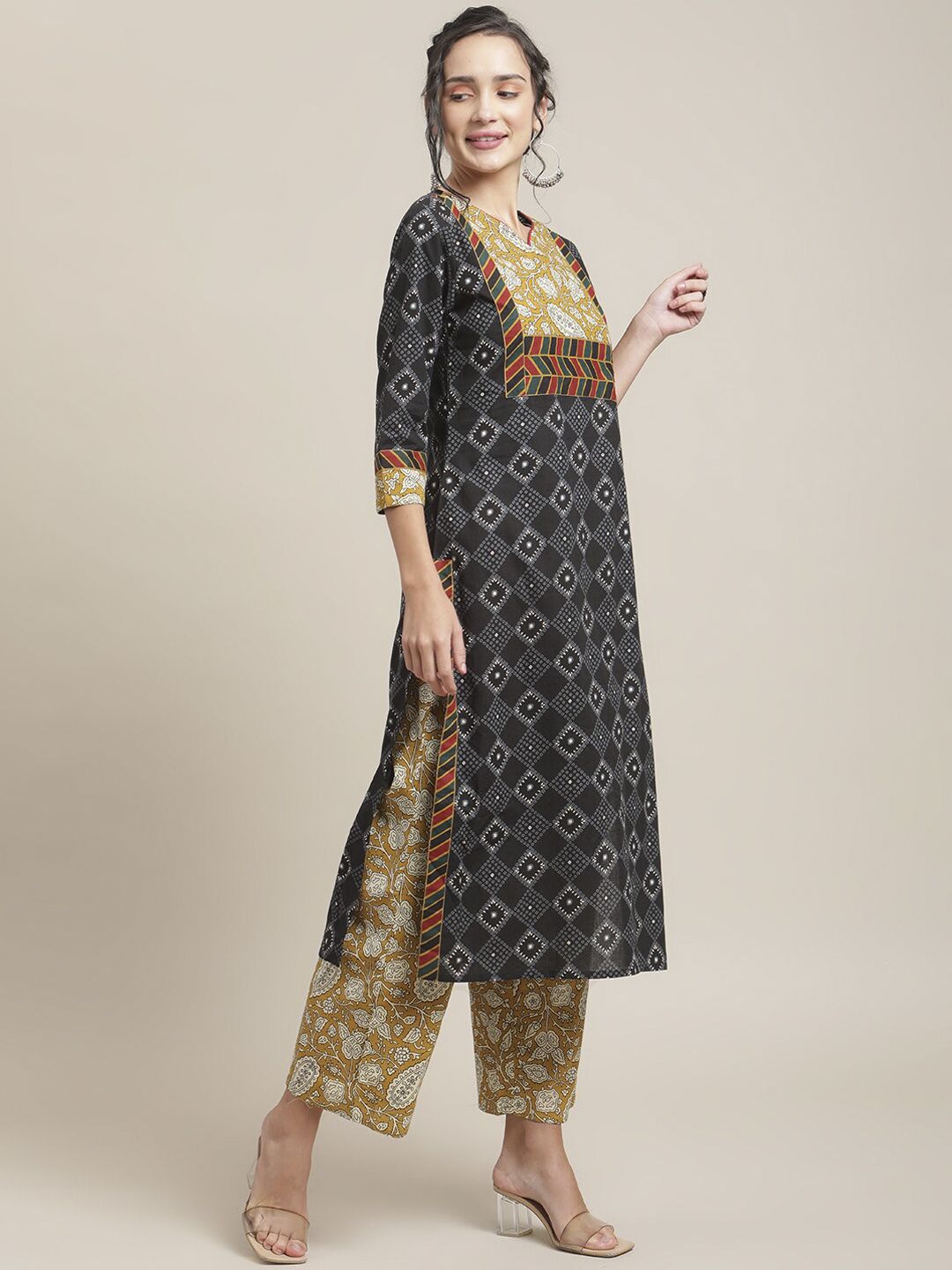Dhiyona VA Women's Black Printed Regular Pure Cotton Kurta with Palazzos