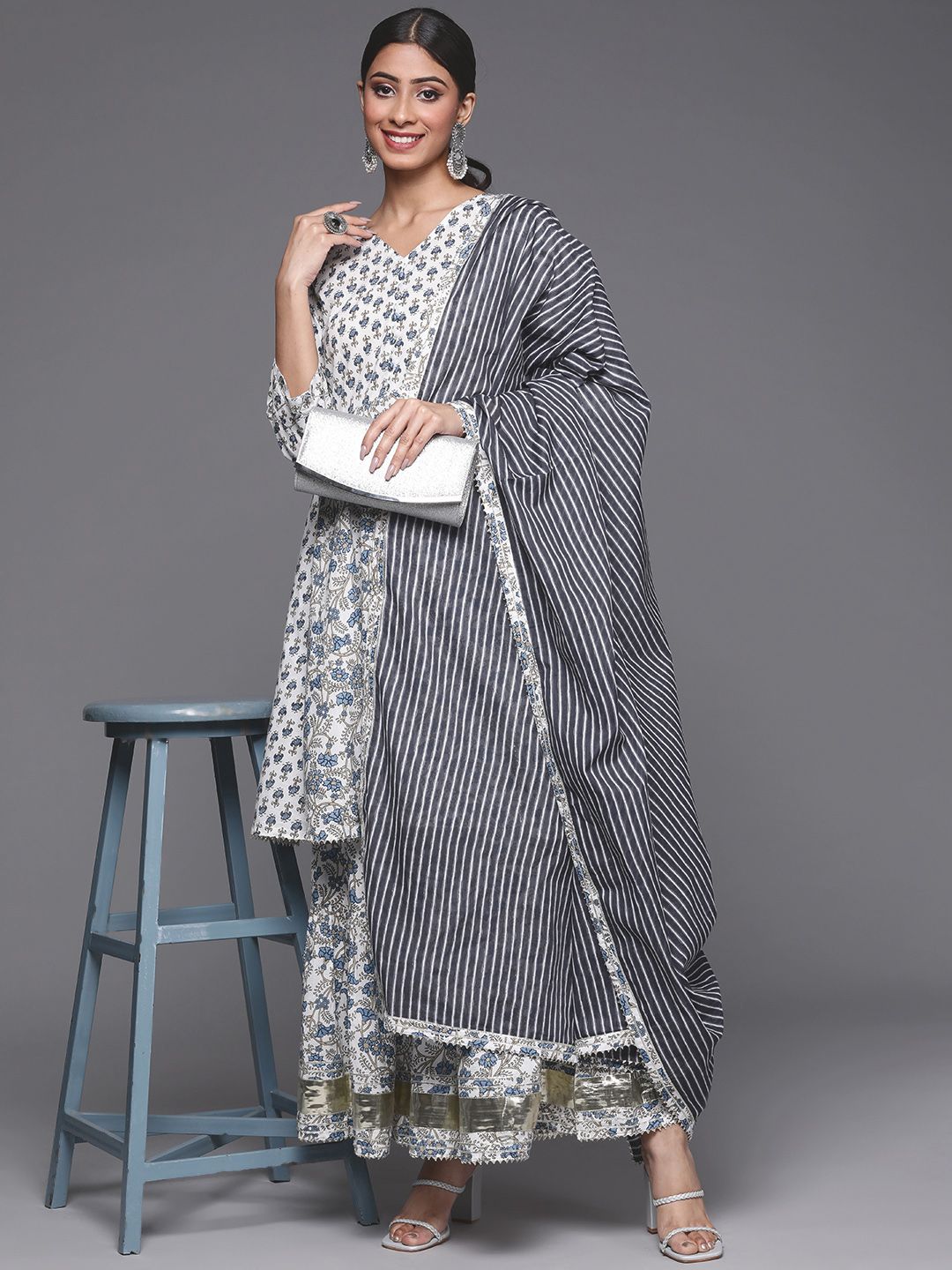 Dhiyona VA Women's White Ethnic Motifs Printed Pure Cotton Kurta with Trousers & With Dupatta