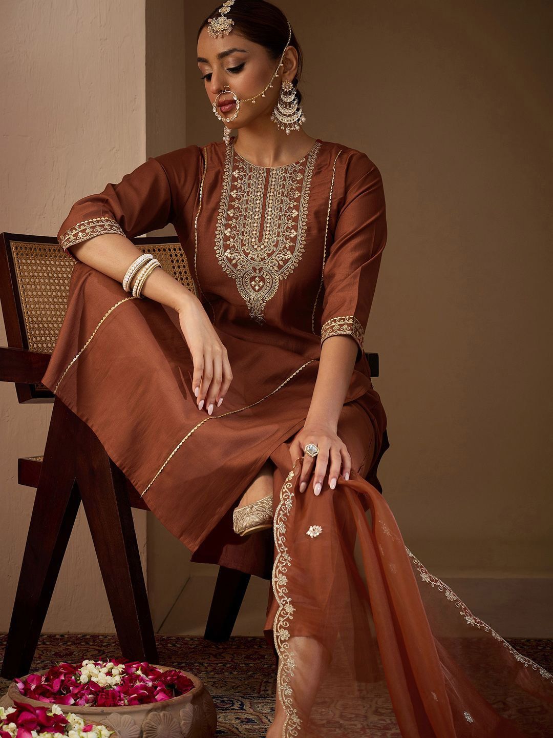 Dhiyona IE Women Ethnic Motifs Embroidered Regular Liva Kurta with Trousers & With Dupatta