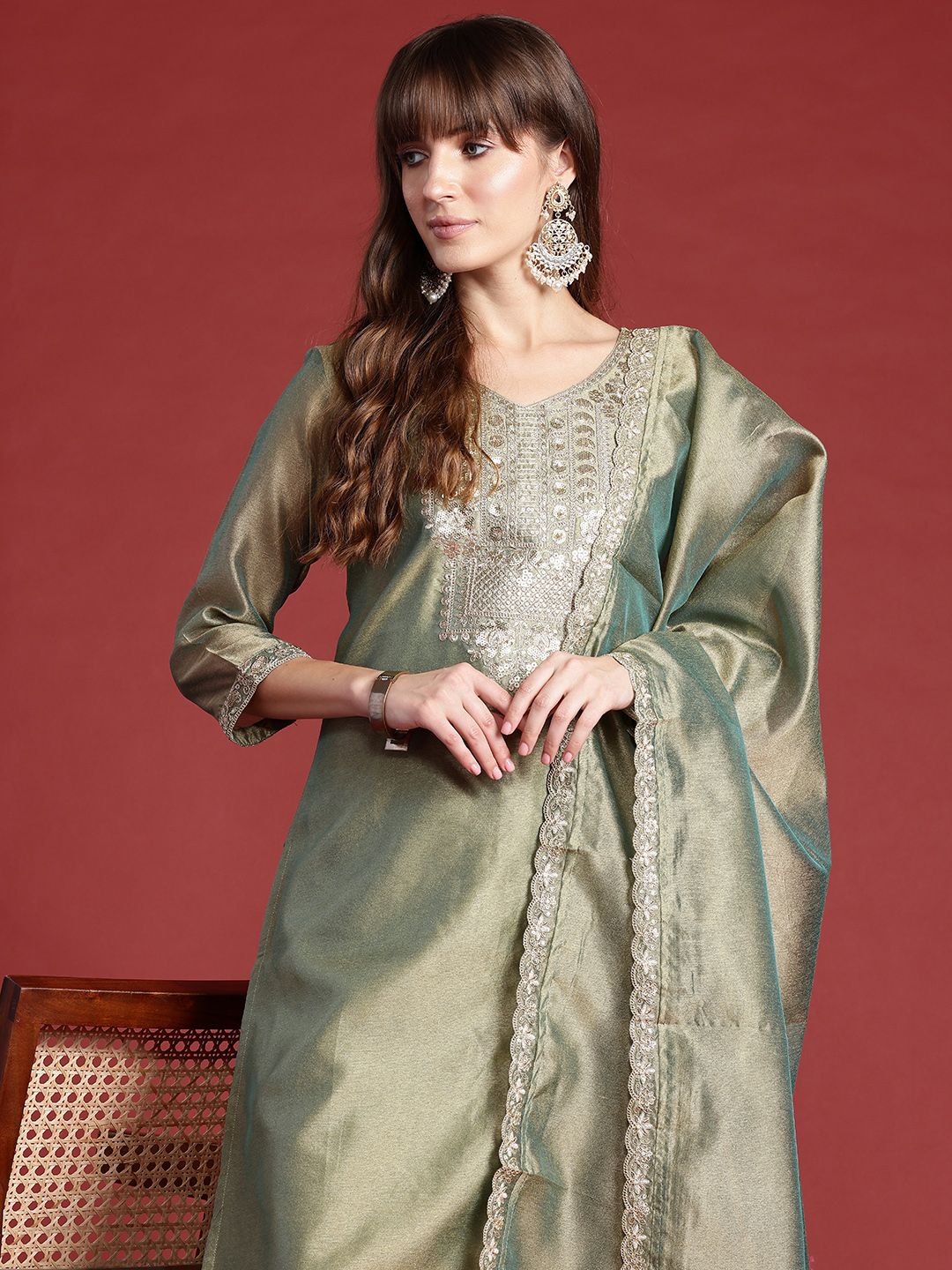 Dhiyona IE Ethnic Motifs Embroidered Sequinned Liva Kurta With Trousers & Dupatta