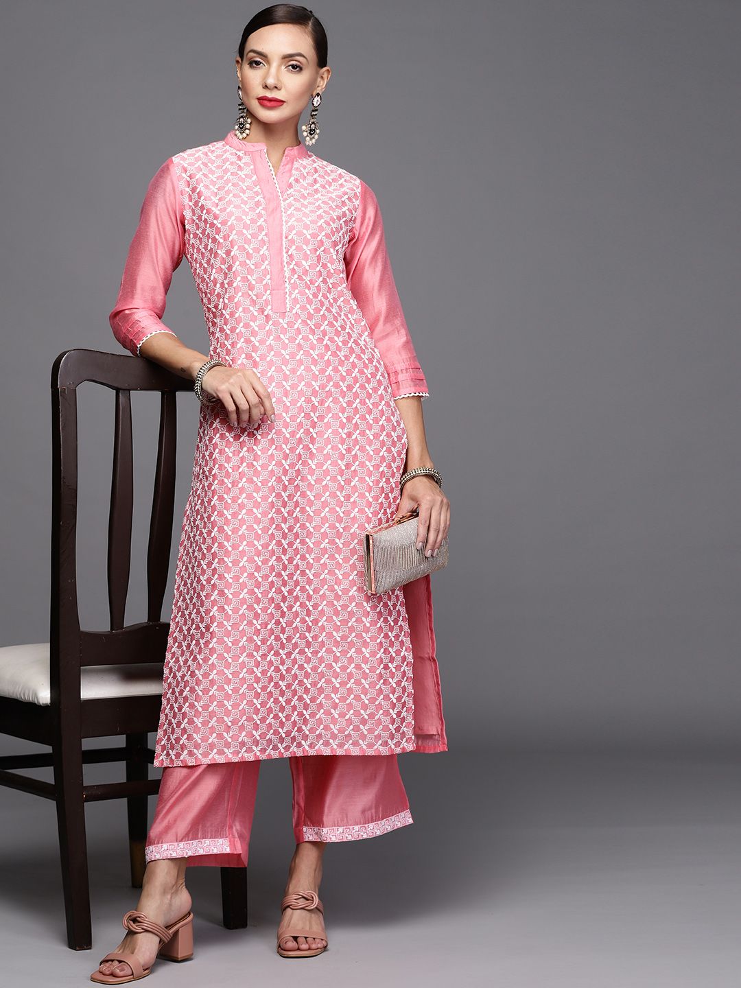 Women Pink & White Ethnic Motifs Embroidered Kurta with Palazzos