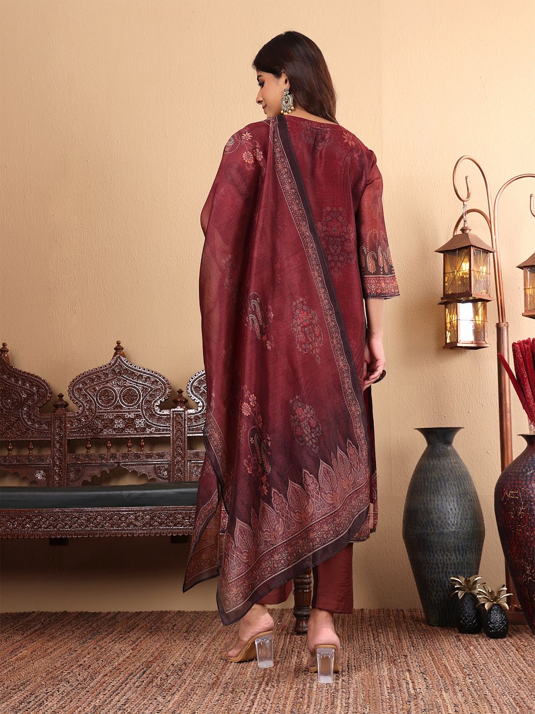 Dhiyona VA Women'sFloral Printed Sequinned Chanderi Silk Straight Kurta with Trousers & Dupatta