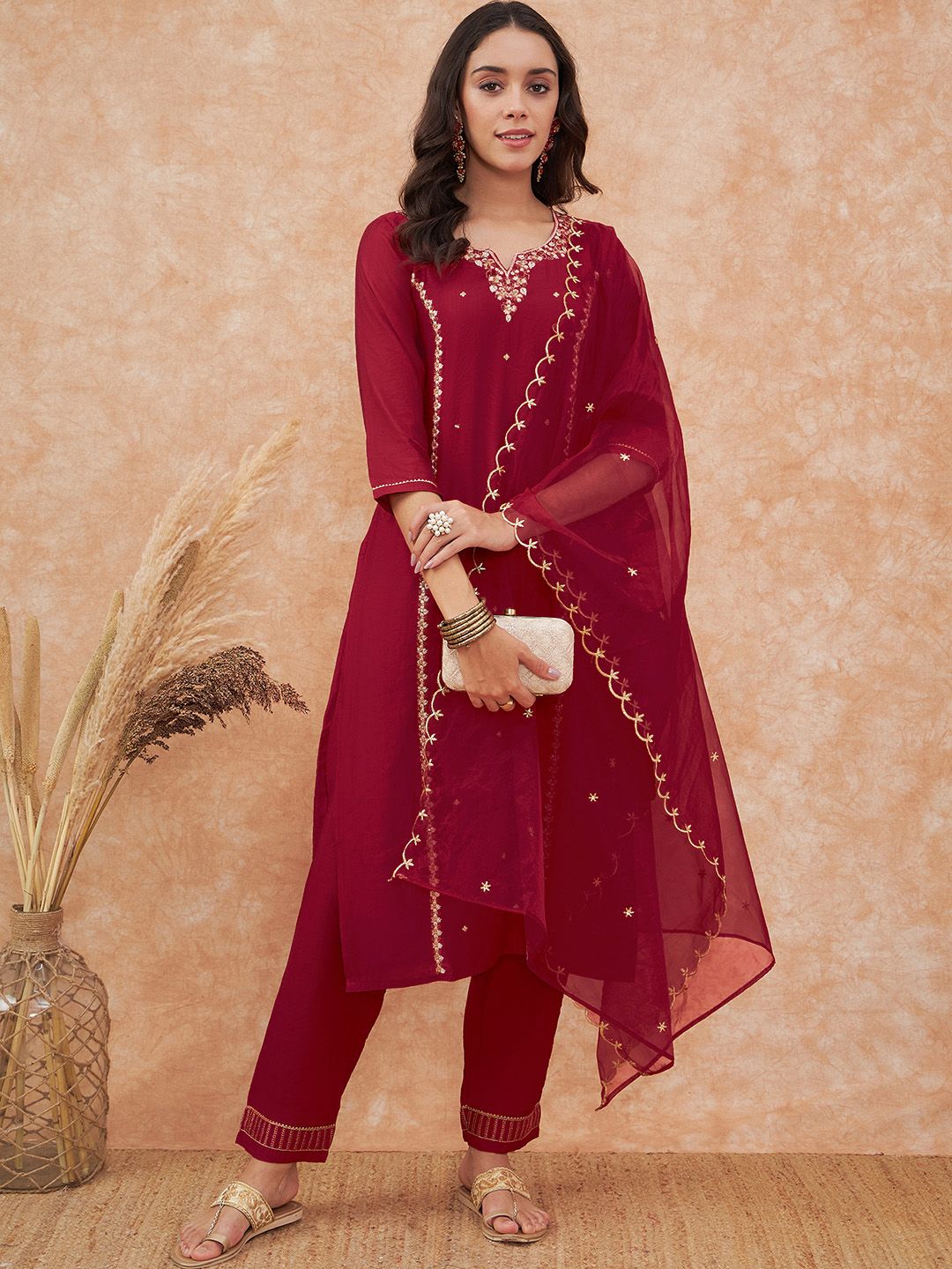 Dhiyona SN Women's Maroon Floral Embroidered Straight Kurta With Trousers & Dupatta