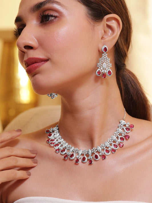 Dhiyona RJ Women's Rhodium-Plated Ruby Red and White Cubic Zirconia Studded Necklace Set
