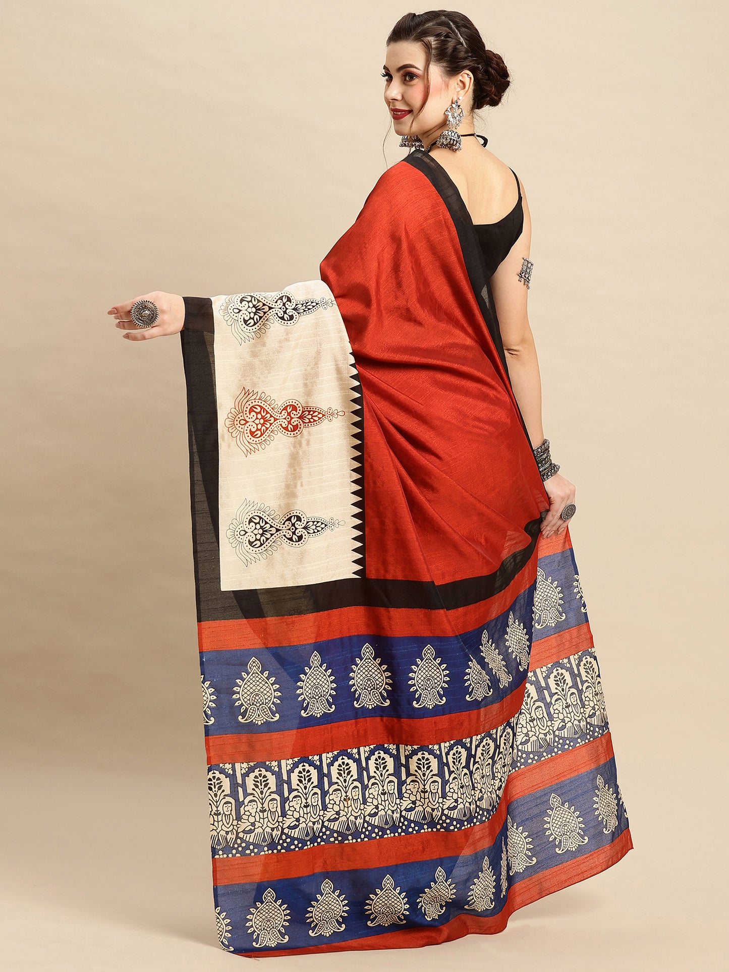 Women's Bhagalpuri Silk Rust Printed Designer Saree With Blouse Piece