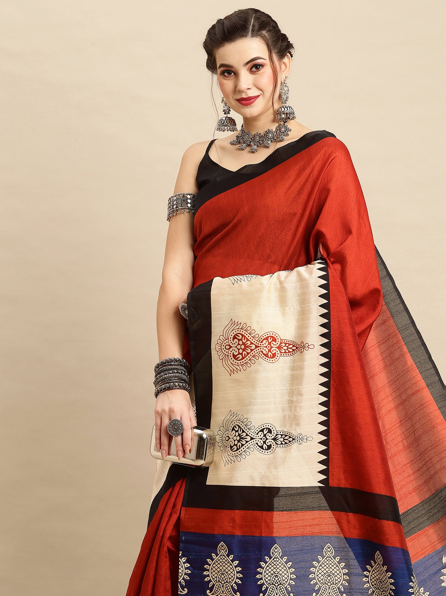 Women's Bhagalpuri Silk Rust Printed Designer Saree With Blouse Piece