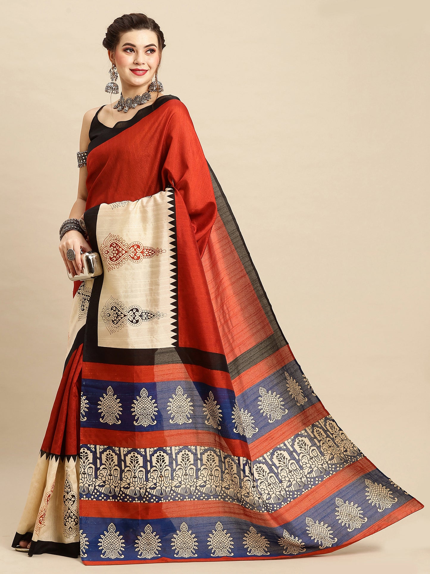 Women's Bhagalpuri Silk Rust Printed Designer Saree With Blouse Piece