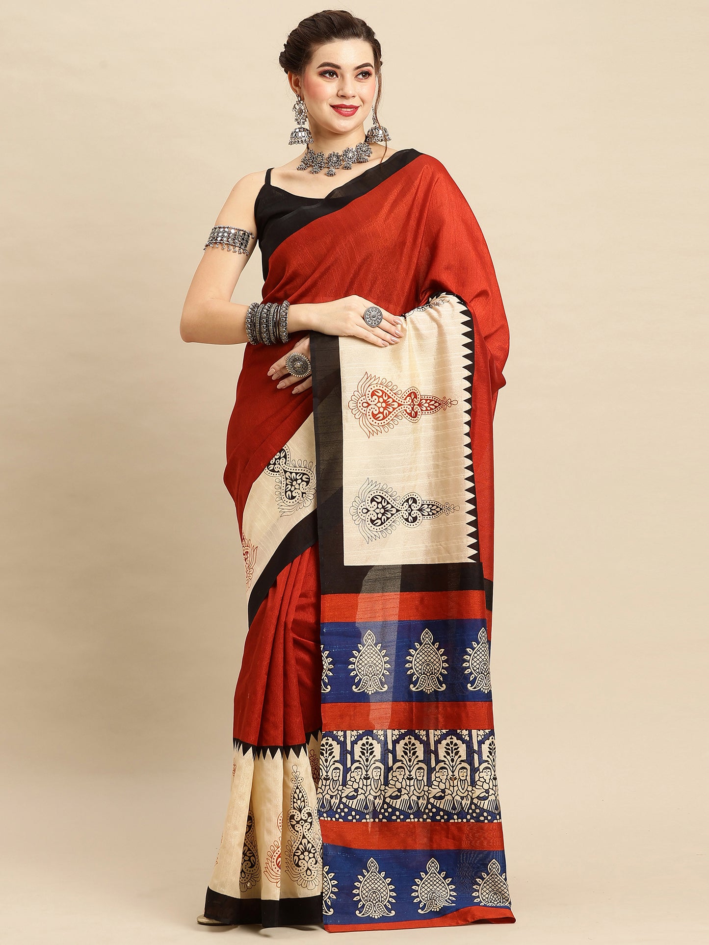 Women's Bhagalpuri Silk Rust Printed Designer Saree With Blouse Piece