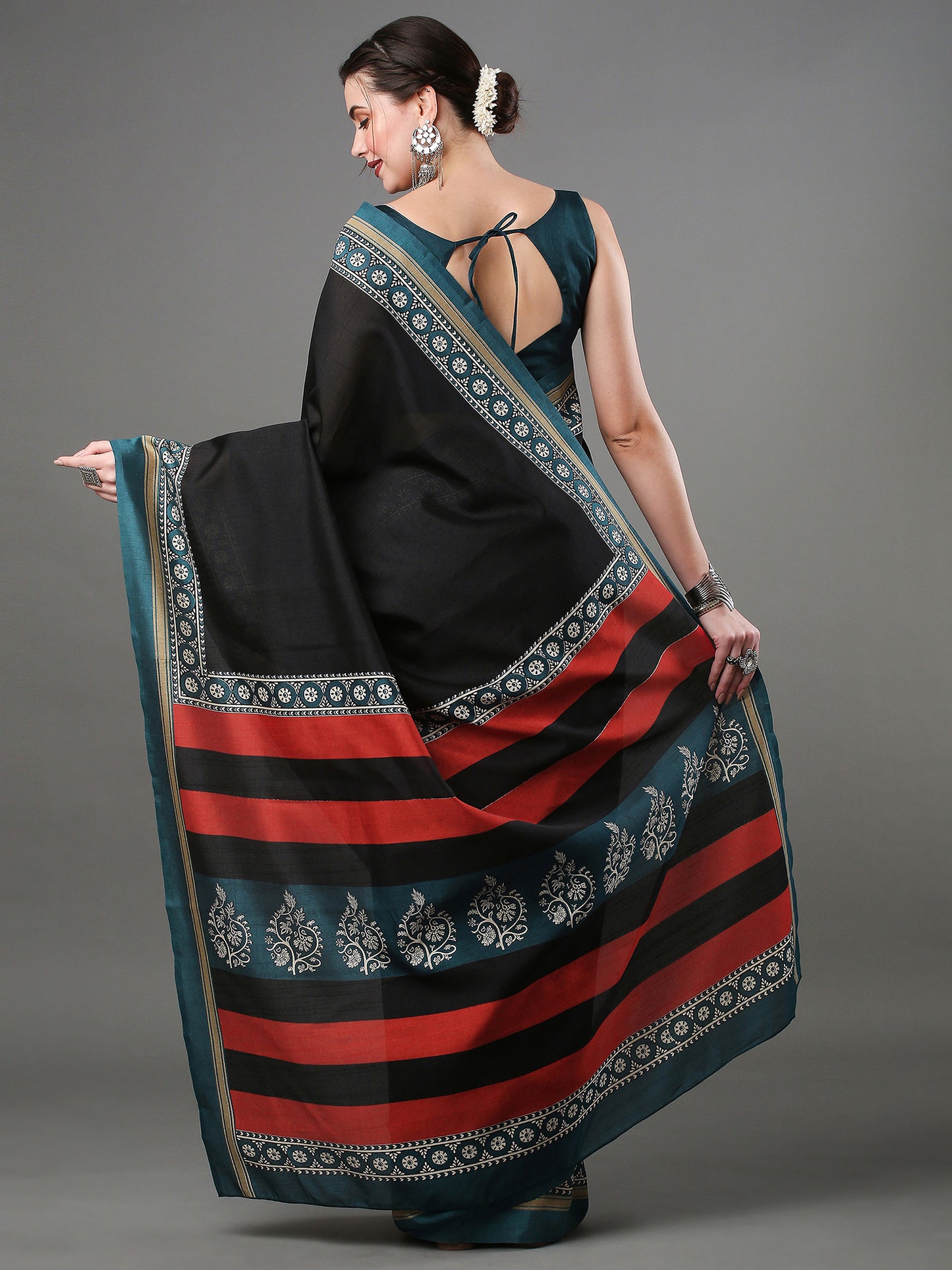 Women's Bhagalpuri Silk Black Printed Designer Saree With Blouse Piece