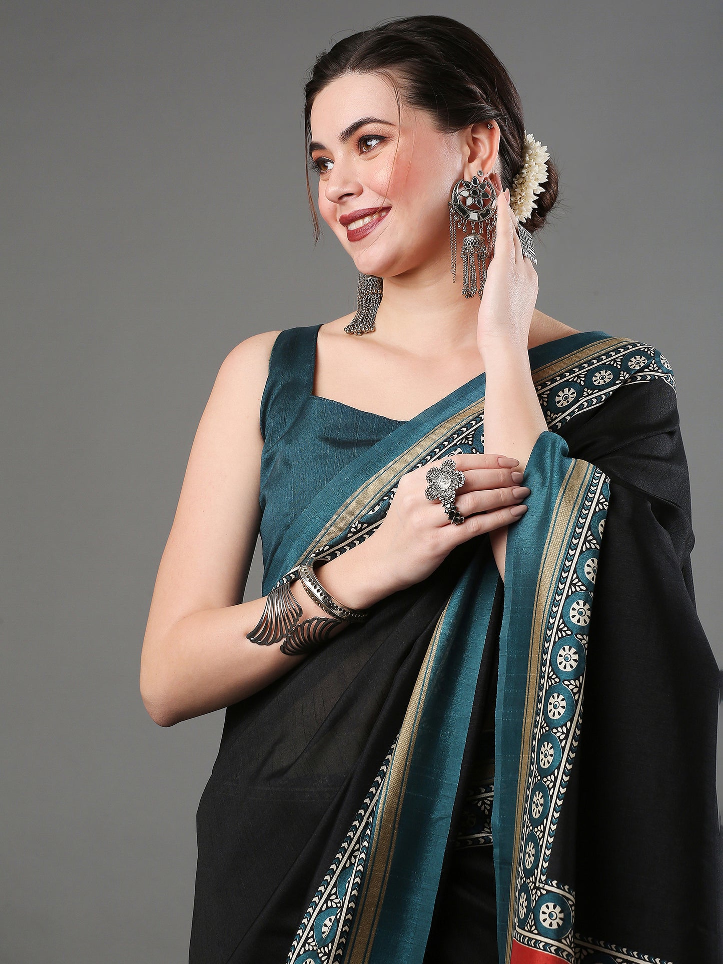 Women's Bhagalpuri Silk Black Printed Designer Saree With Blouse Piece