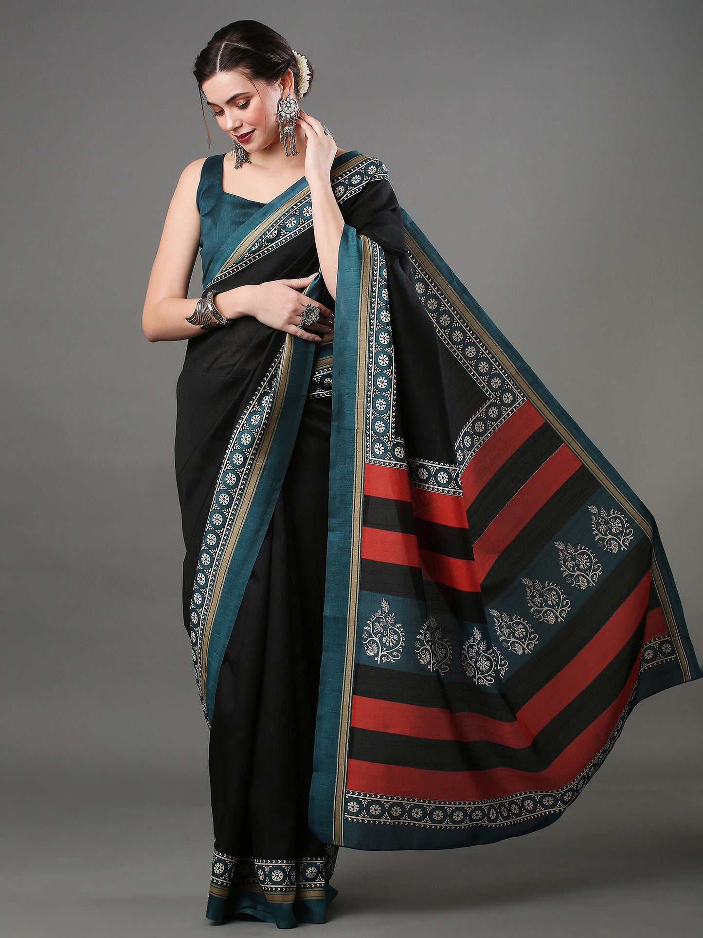 Women's Bhagalpuri Silk Black Printed Designer Saree With Blouse Piece