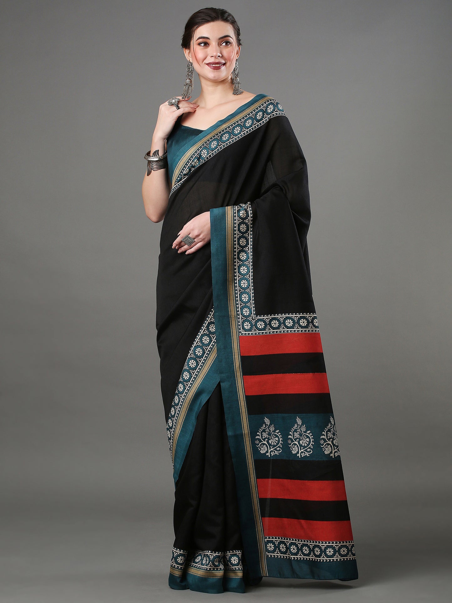 Women's Bhagalpuri Silk Black Printed Designer Saree With Blouse Piece