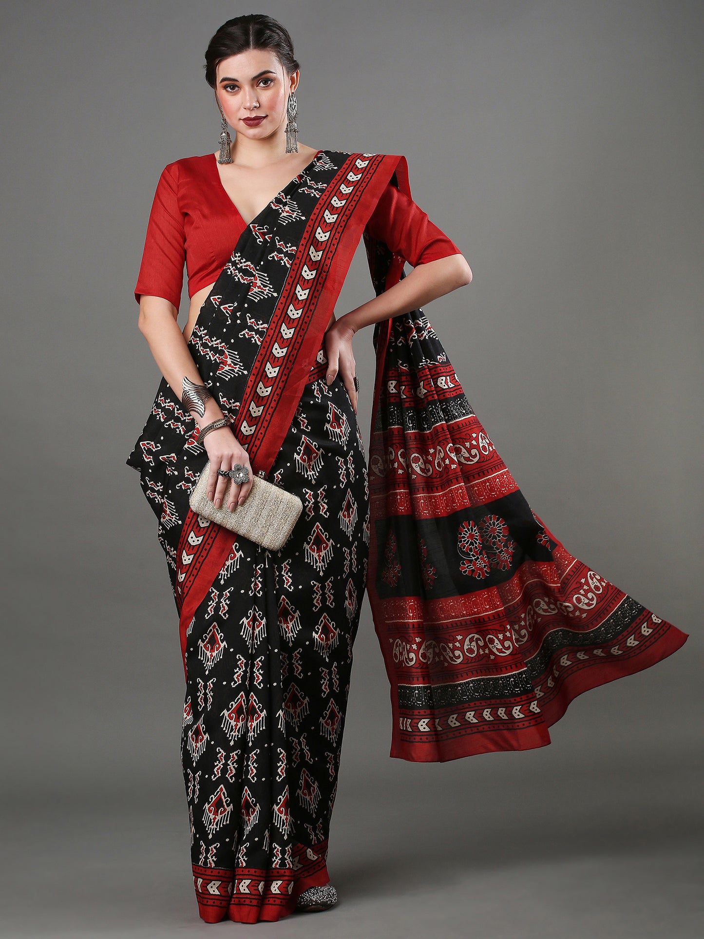 Women's Bhagalpuri Silk Black Printed Designer Saree With Blouse Piece