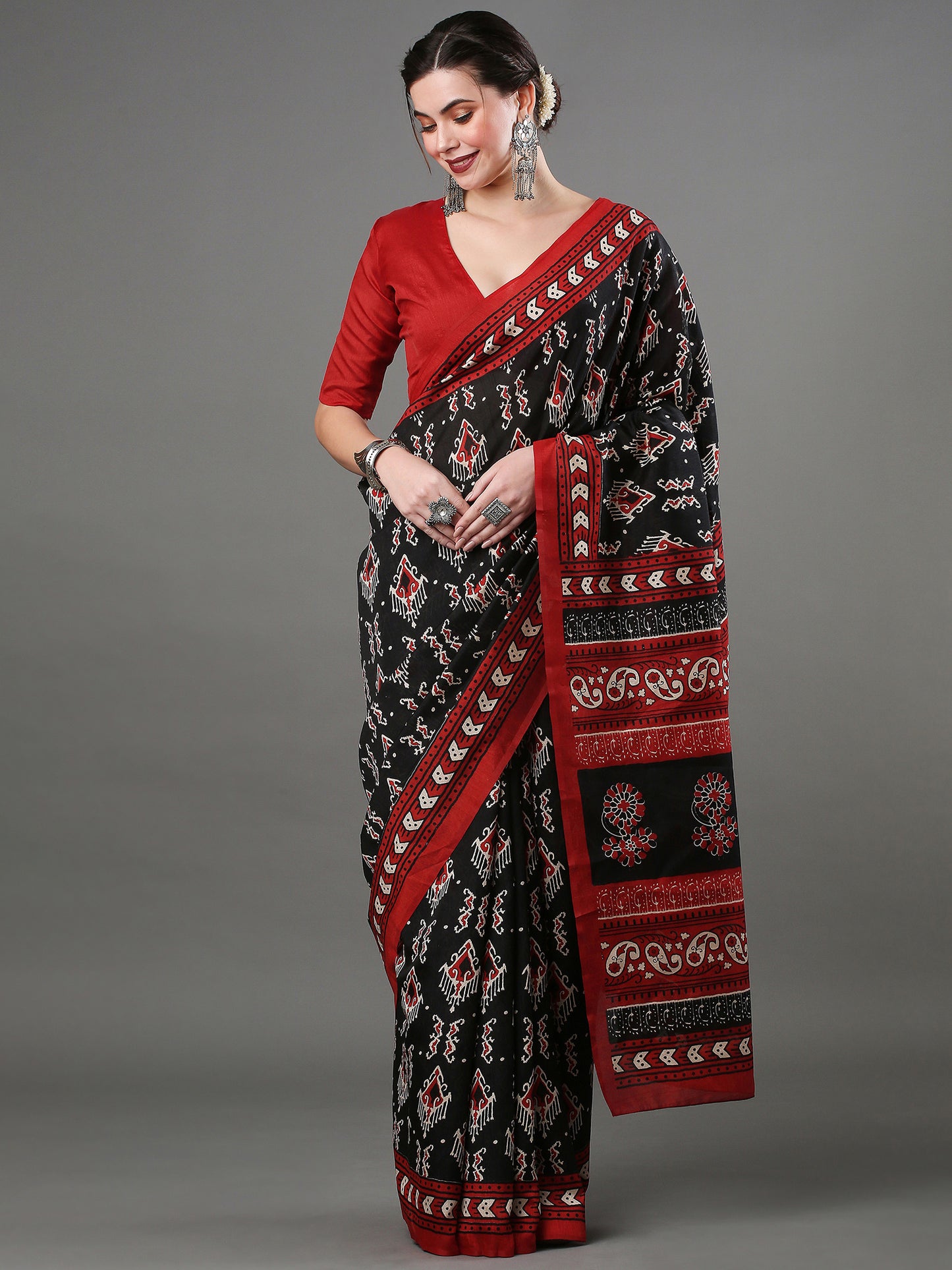 Women's Bhagalpuri Silk Black Printed Designer Saree With Blouse Piece