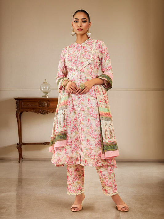 Dhiyona SO Women's Floral Printed Mandarin Collar Three-Quarter Sleeves Kurta Set
