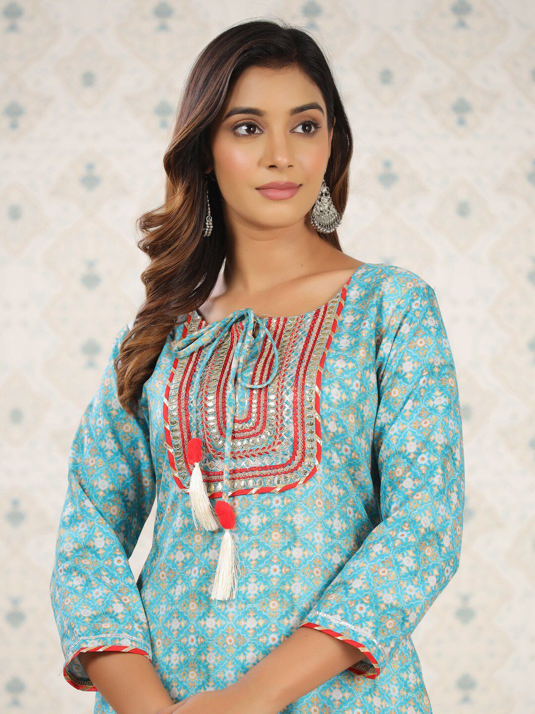 Dhiyona OD Sea Green Ethnic Printed Tie-Up Neck Gotta Patti Straight Kurta
