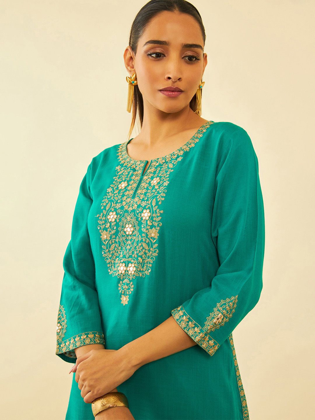 Dhiyona SO Women's Ethnic Motifs Embroidered Regular Mirror Work Kurta with Trouser