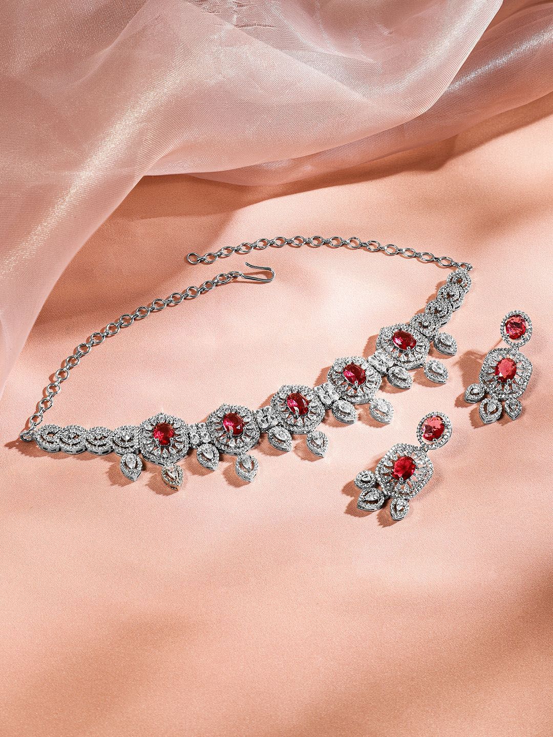 Dhiyona RJ Women's Rhodium Plated Ruby & Cubic Zirconia Studded Luxe Choker Jewelry Set