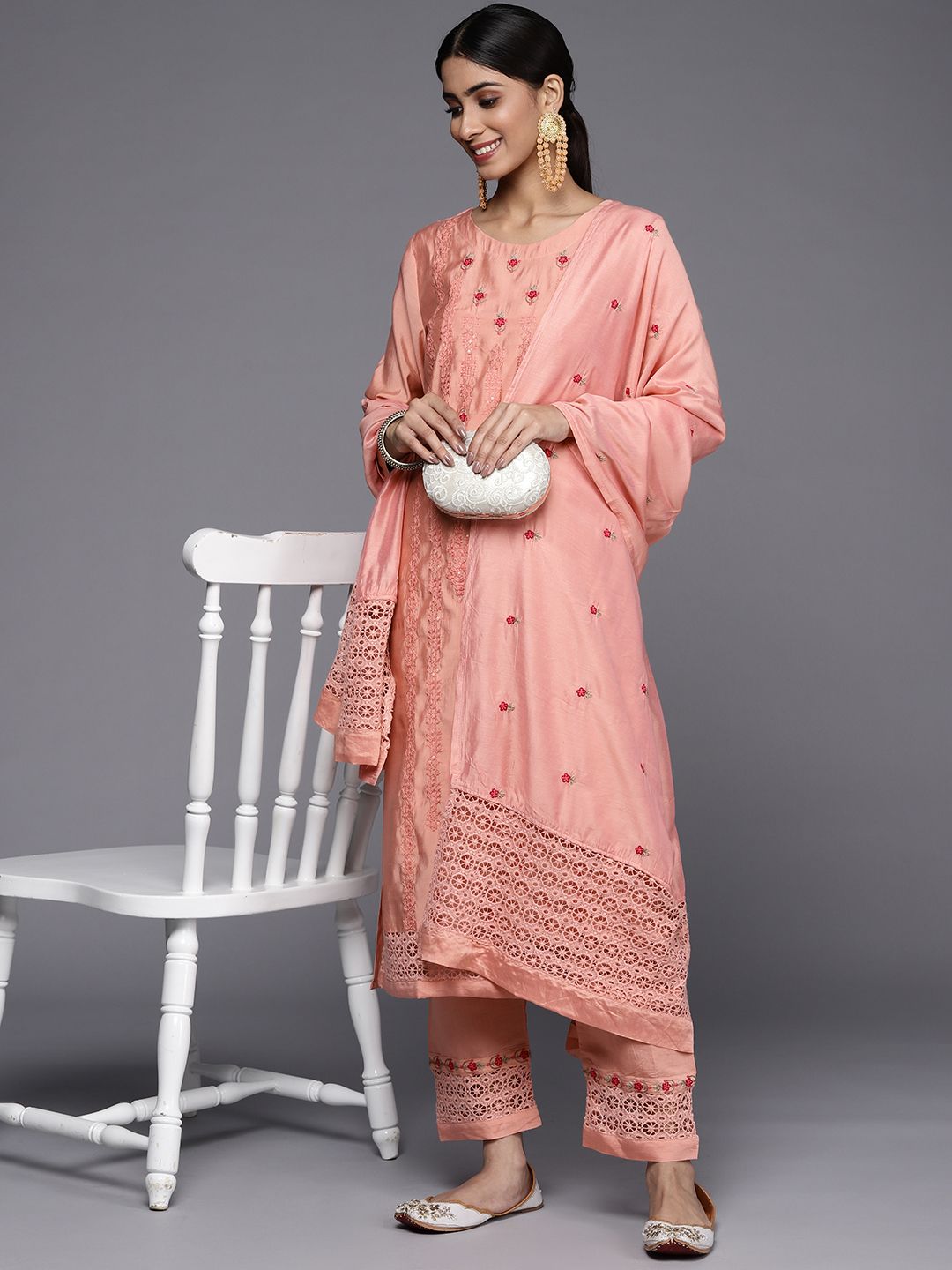 Dhiyona VA Women's Peach-Coloured Ethnic Motifs Embroidered Kurta with Trousers & Dupatta