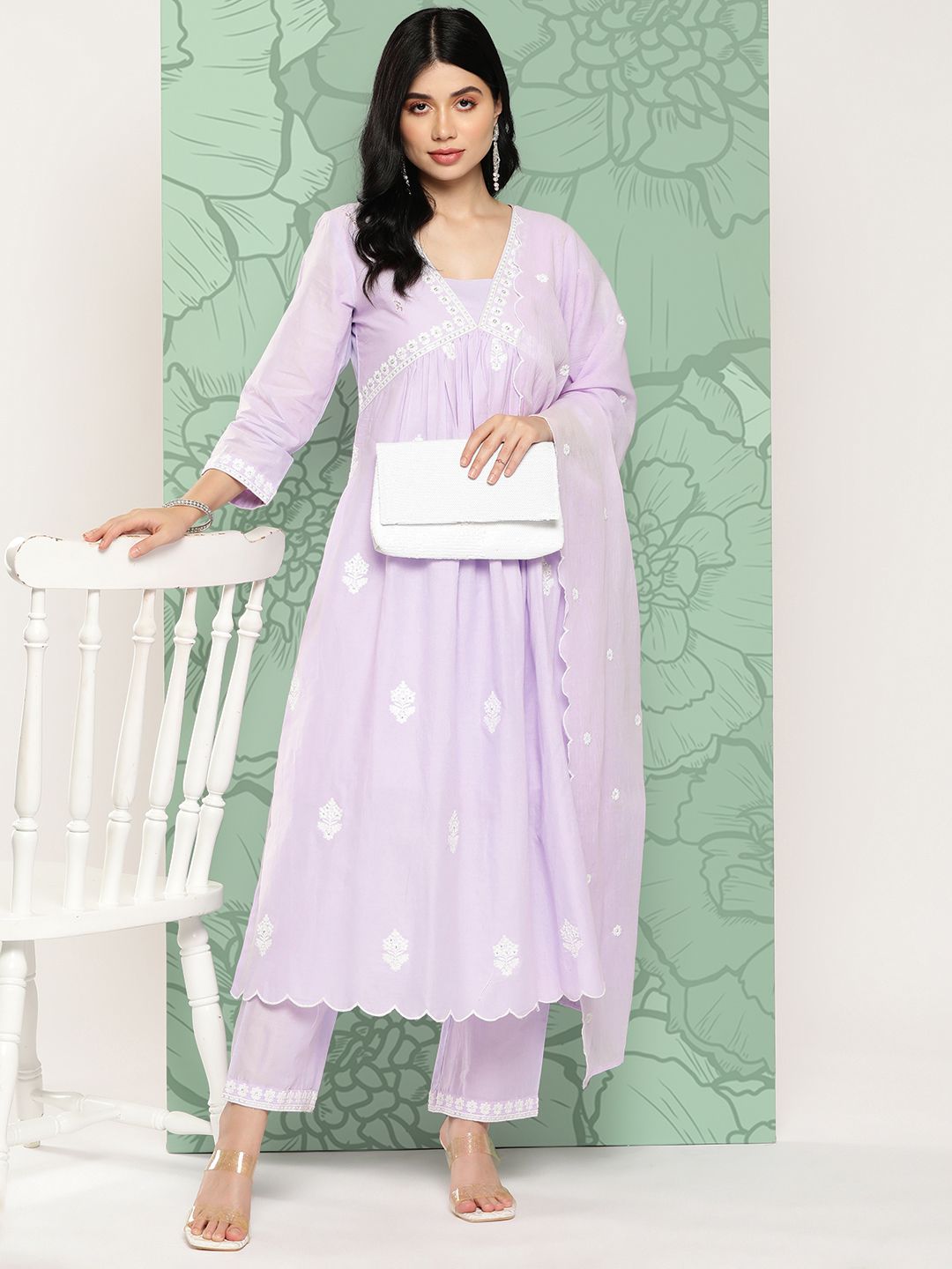 Dhiyona VA Women's Floral Embroidered Pleated Thread Work Cotton Kurta with Trousers & Dupatta