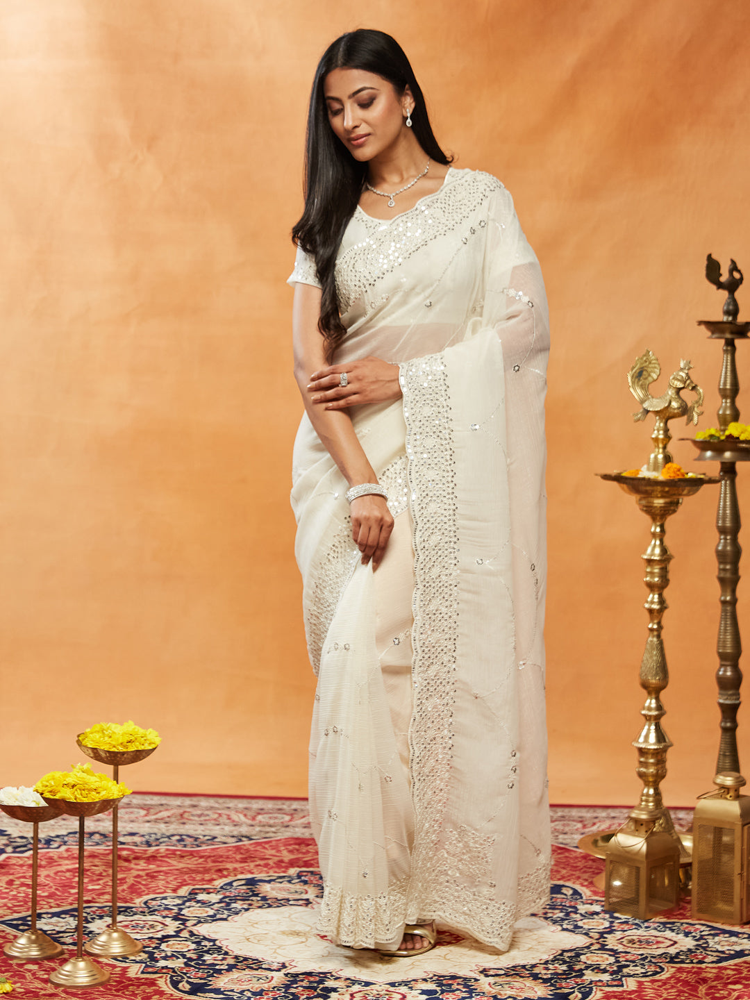 Dhiyona KS Women's Embellished Embroidered Pure Chiffon Saree