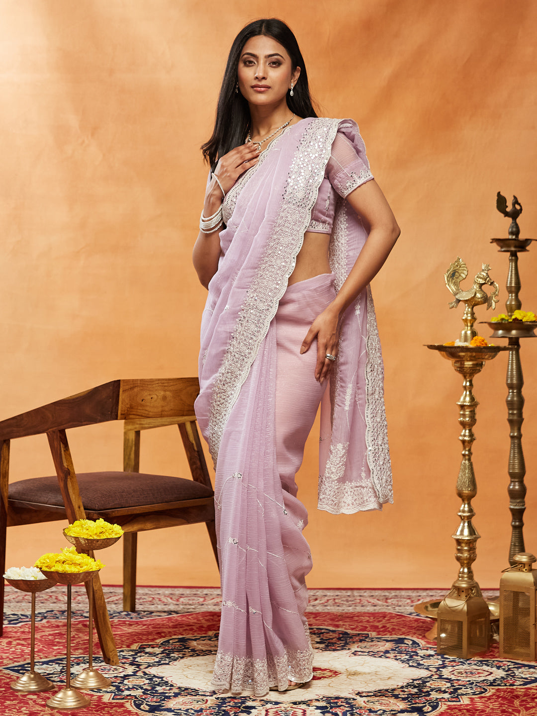 Dhiyona KS Women's Floral Embroidered Pure Chiffon Saree