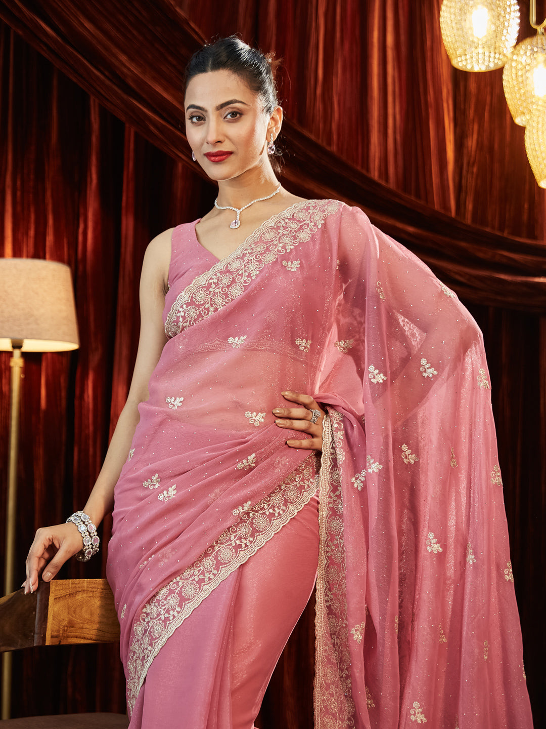 Dhiyona KS Women's Sequinned Embroidered Pure Chiffon Saree