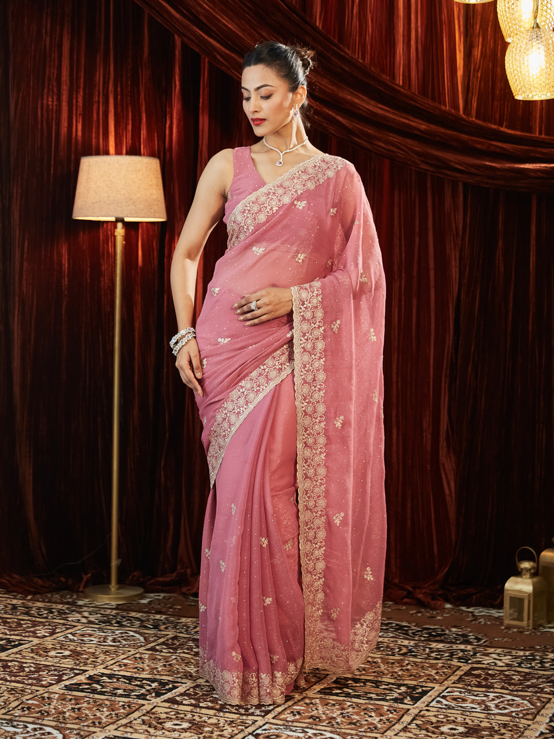 Dhiyona KS Women's Sequinned Embroidered Pure Chiffon Saree