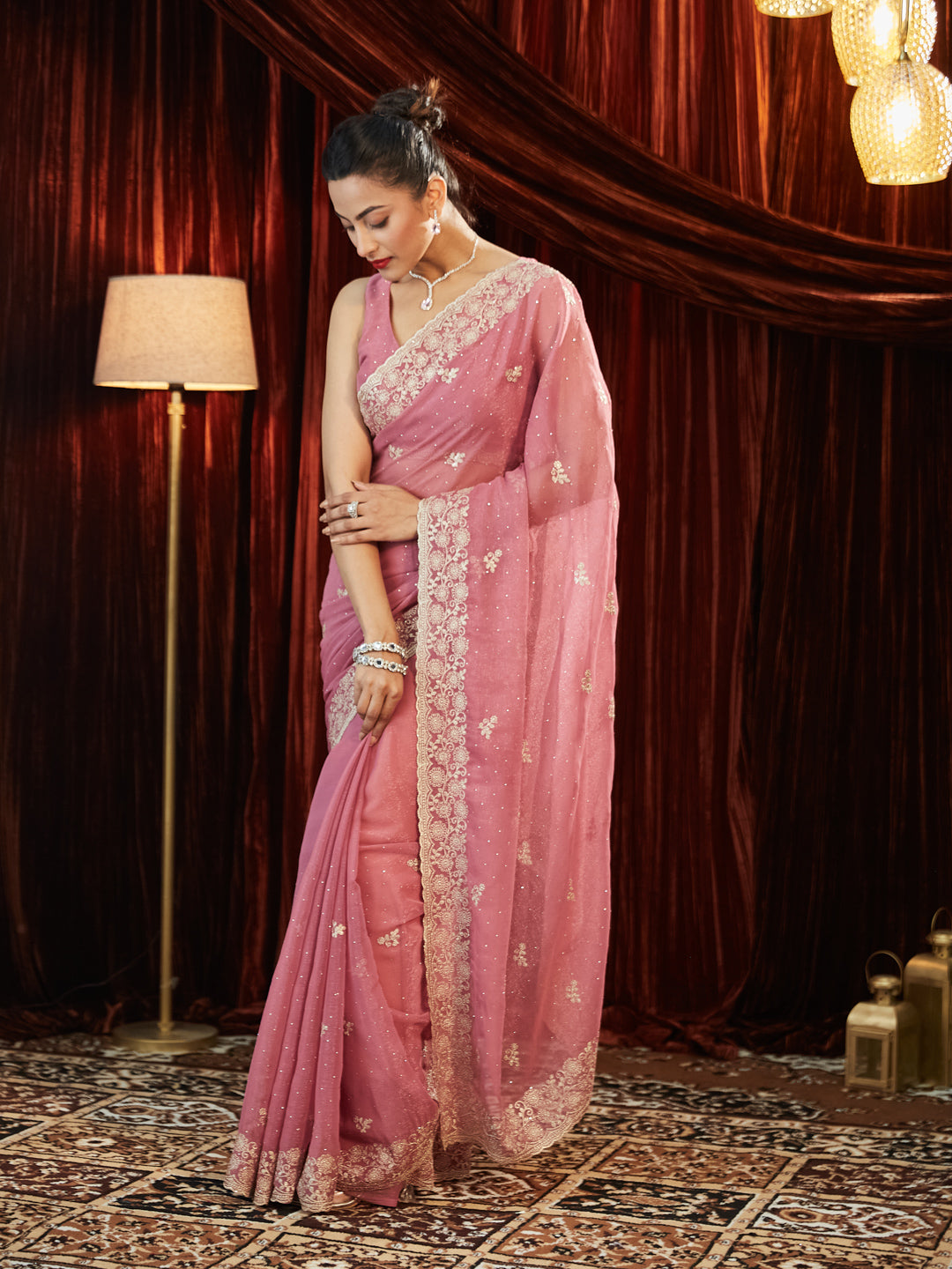 Dhiyona KS Women's Sequinned Embroidered Pure Chiffon Saree