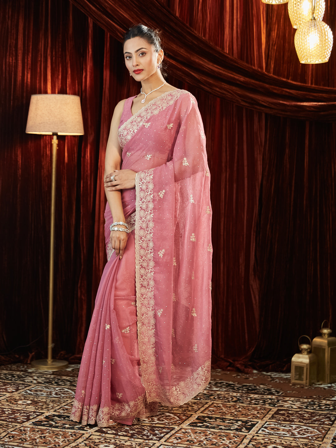 Dhiyona KS Women's Sequinned Embroidered Pure Chiffon Saree