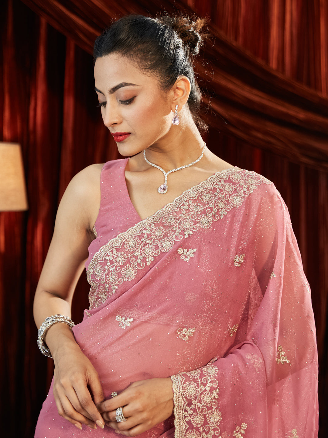 Dhiyona KS Women's Sequinned Embroidered Pure Chiffon Saree