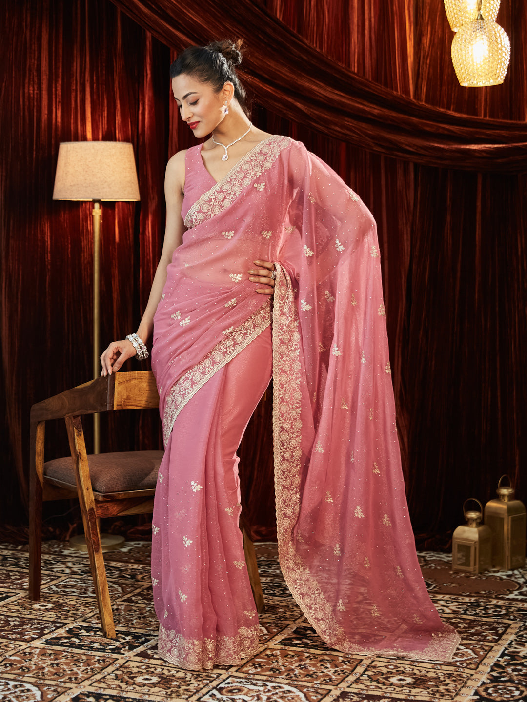 Dhiyona KS Women's Sequinned Embroidered Pure Chiffon Saree