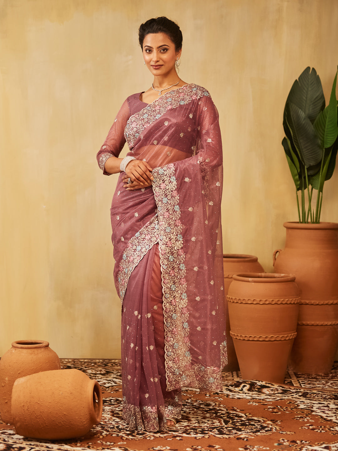 Dhiyona KS Women's Floral Embroidered Supernet Saree