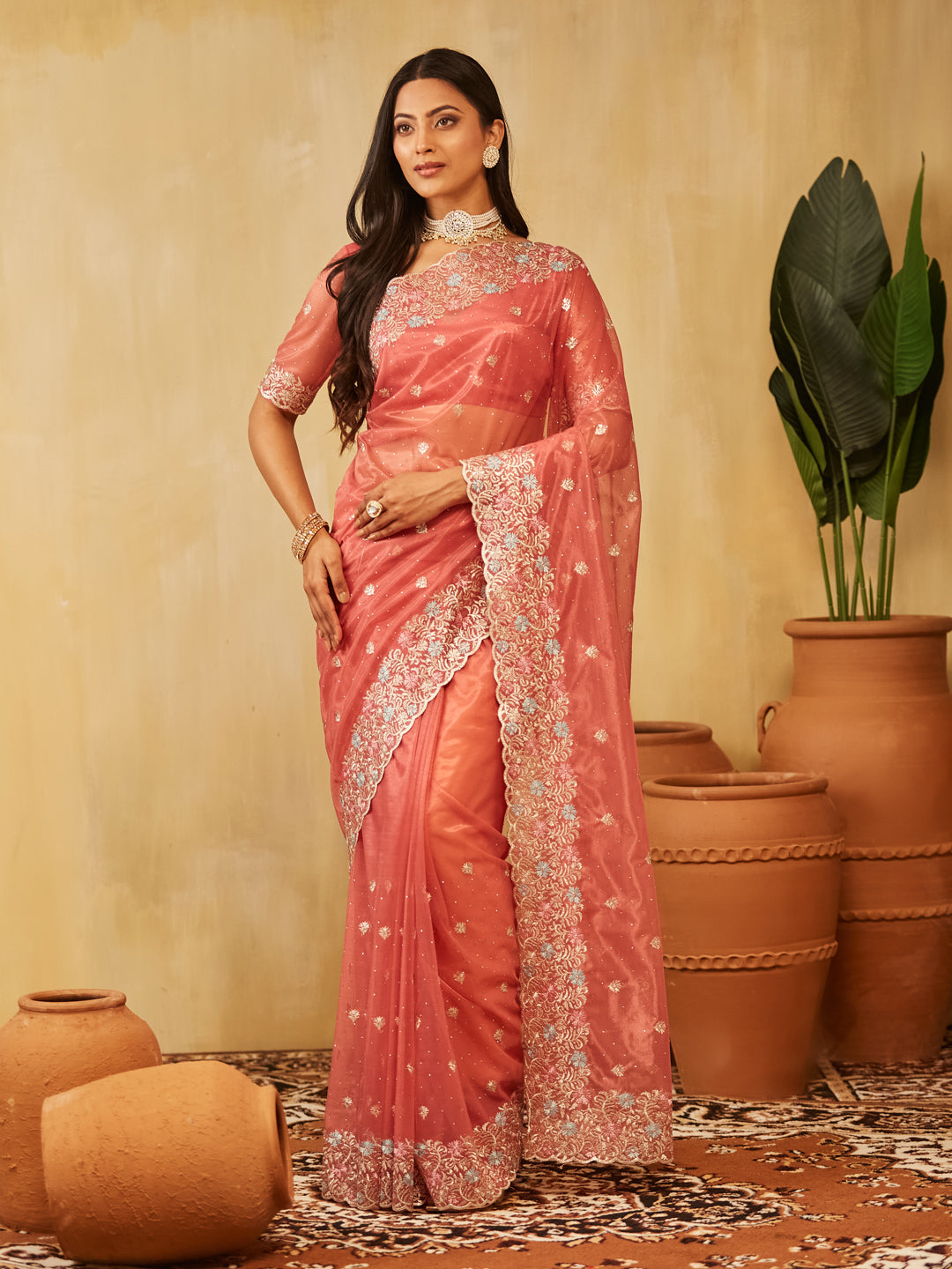 Dhiyona KS Women's Floral Embroidered Supernet Saree