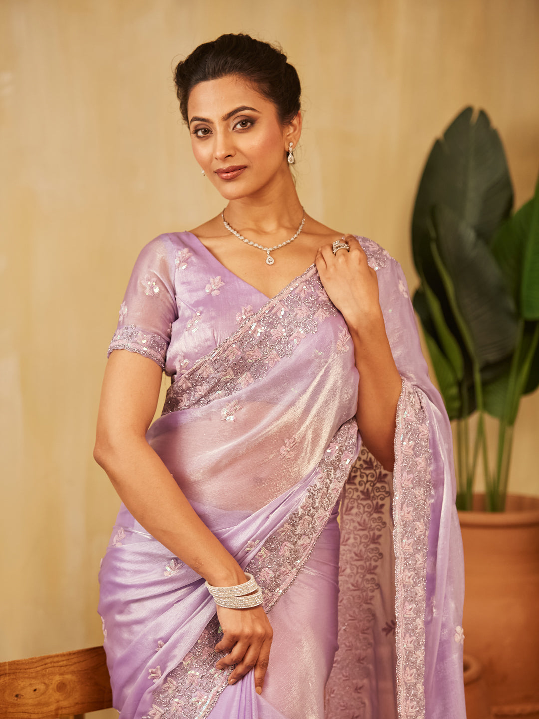Dhiyona KS Women's Embellished Embroidered Pure Chiffon Saree