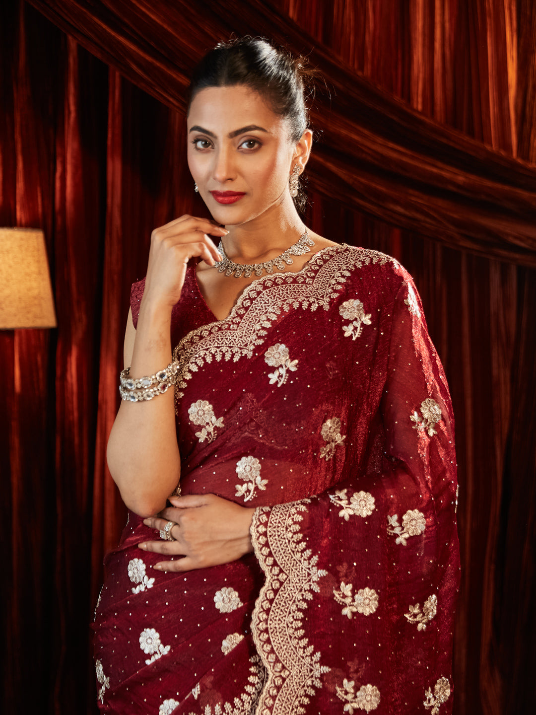 Dhiyona KS Women's Embellished Embroidered Pure Chiffon Saree