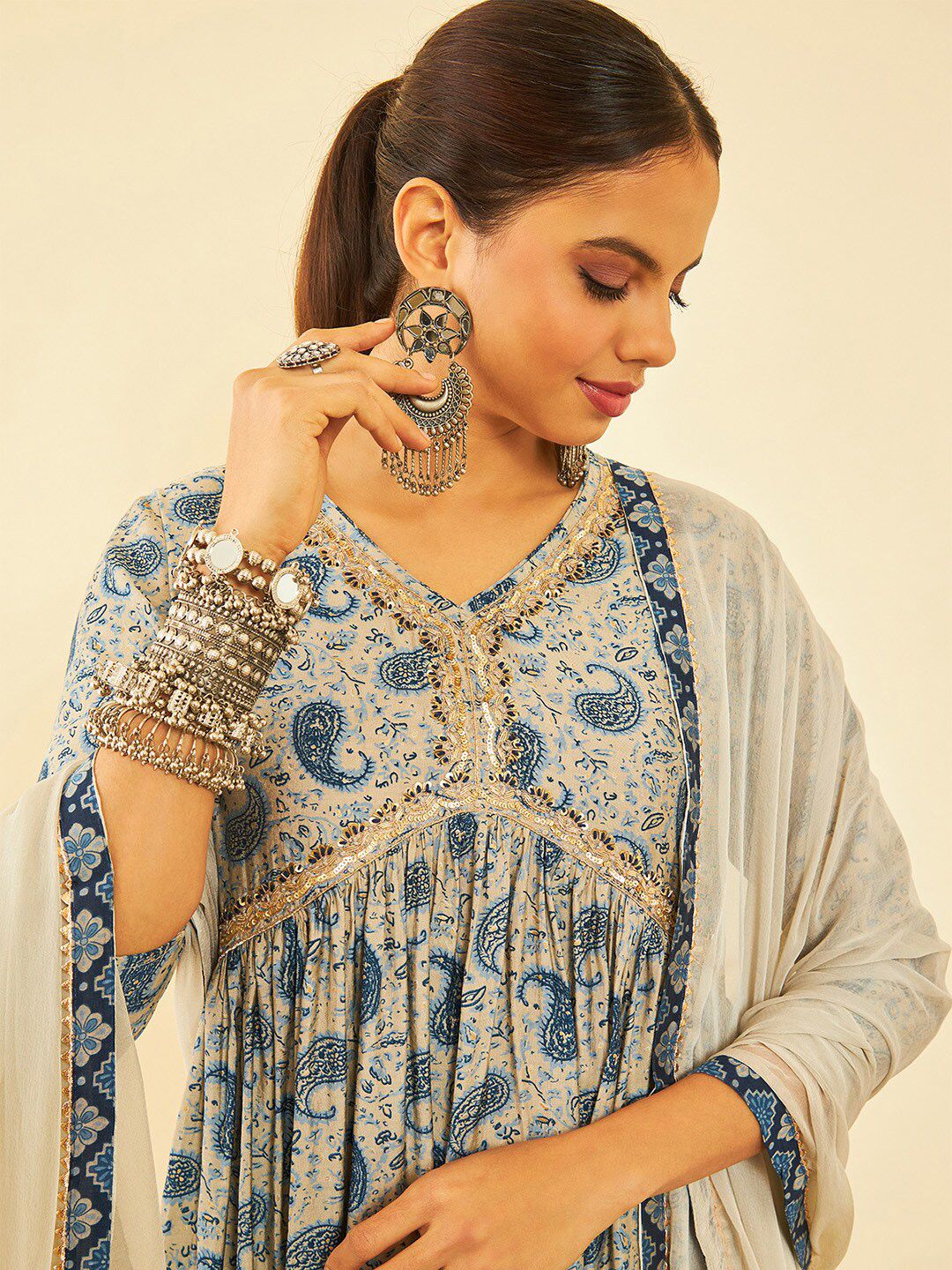 Dhiyona SO Women's Blue Paisley Printed Sequinned A-Line Kurta with Trousers & Dupatta