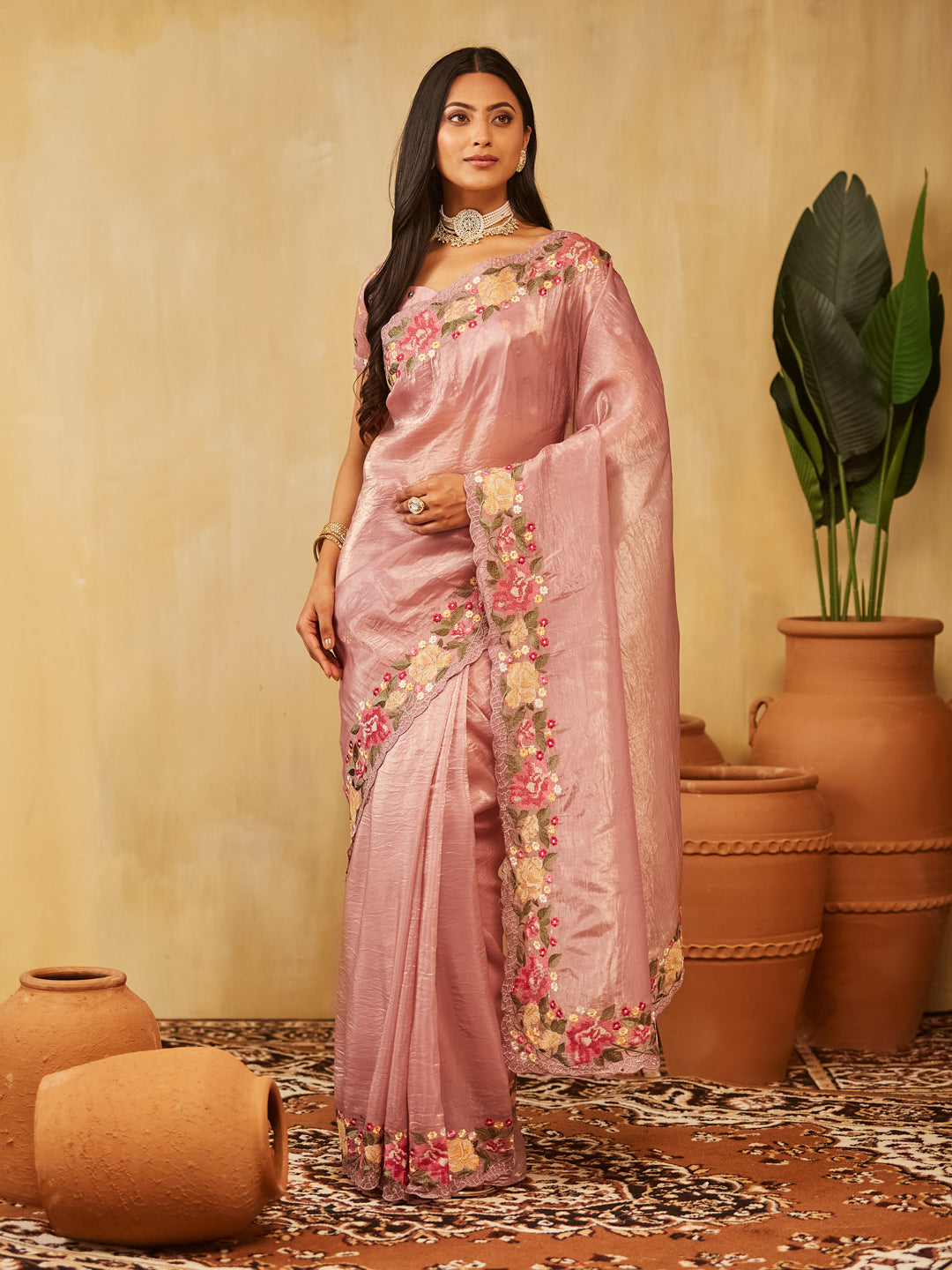 Dhiyona KS Women's Solid Embroidered Organza Saree