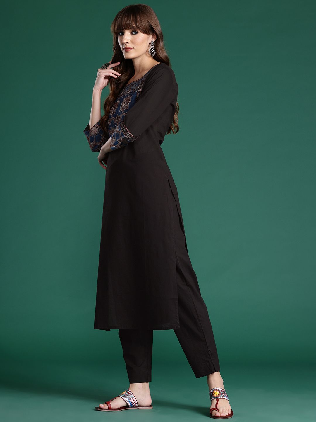 Dhiyona IE Ethnic Motifs Printed Mirror Work Pure Cotton Kurta with Trousers & With Dupatta