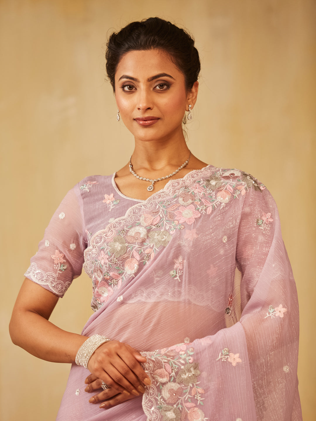 Dhiyona KS Women's Floral Embroidered Pure Chiffon Saree