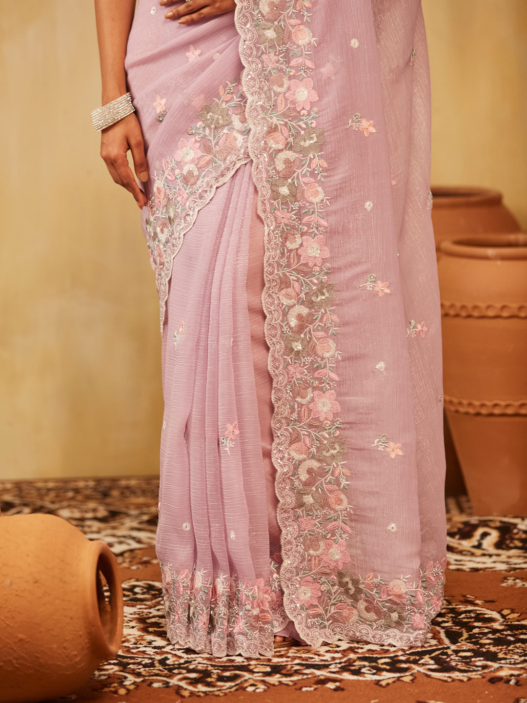 Dhiyona KS Women's Floral Embroidered Pure Chiffon Saree