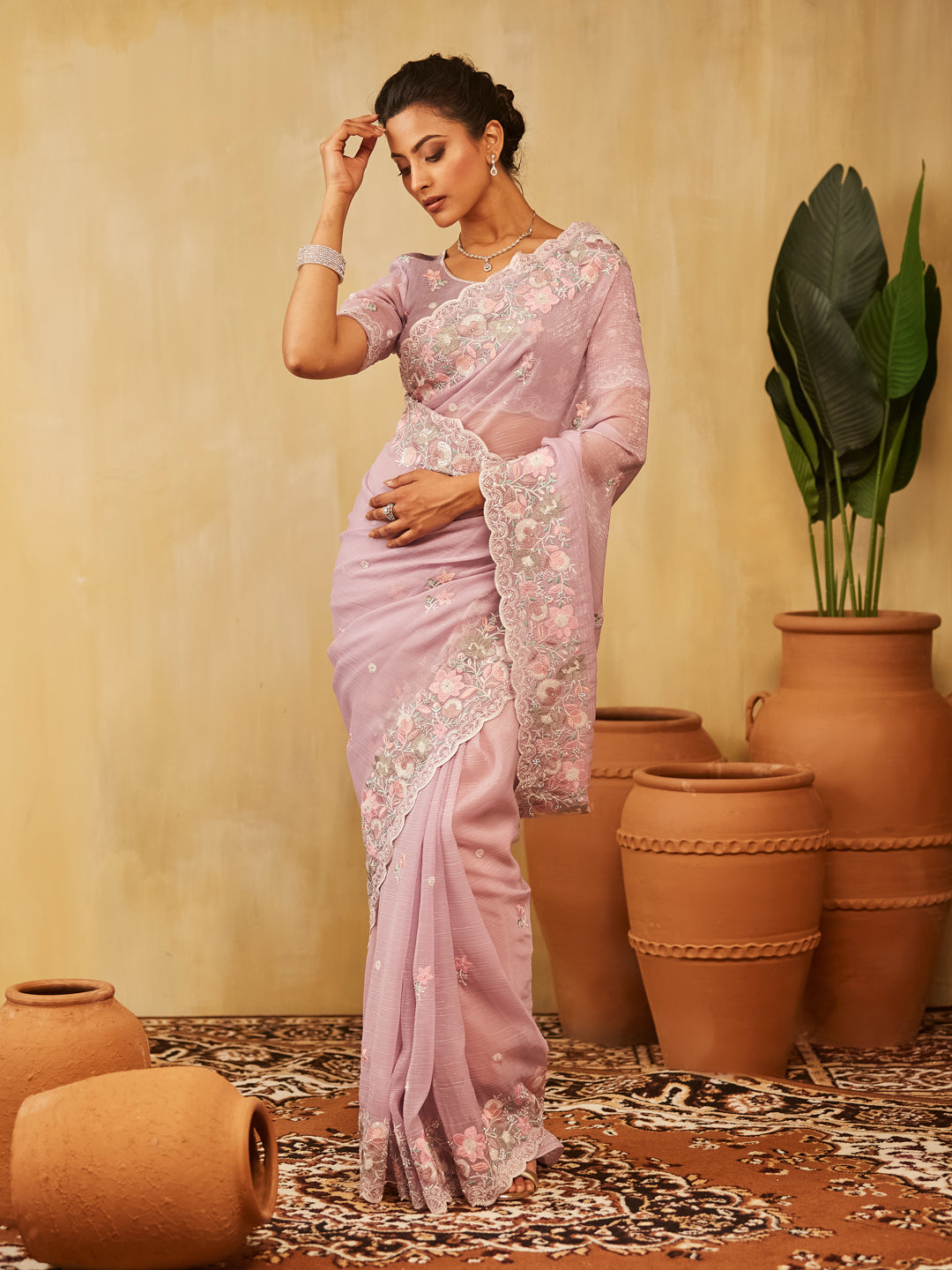 Dhiyona KS Women's Floral Embroidered Pure Chiffon Saree