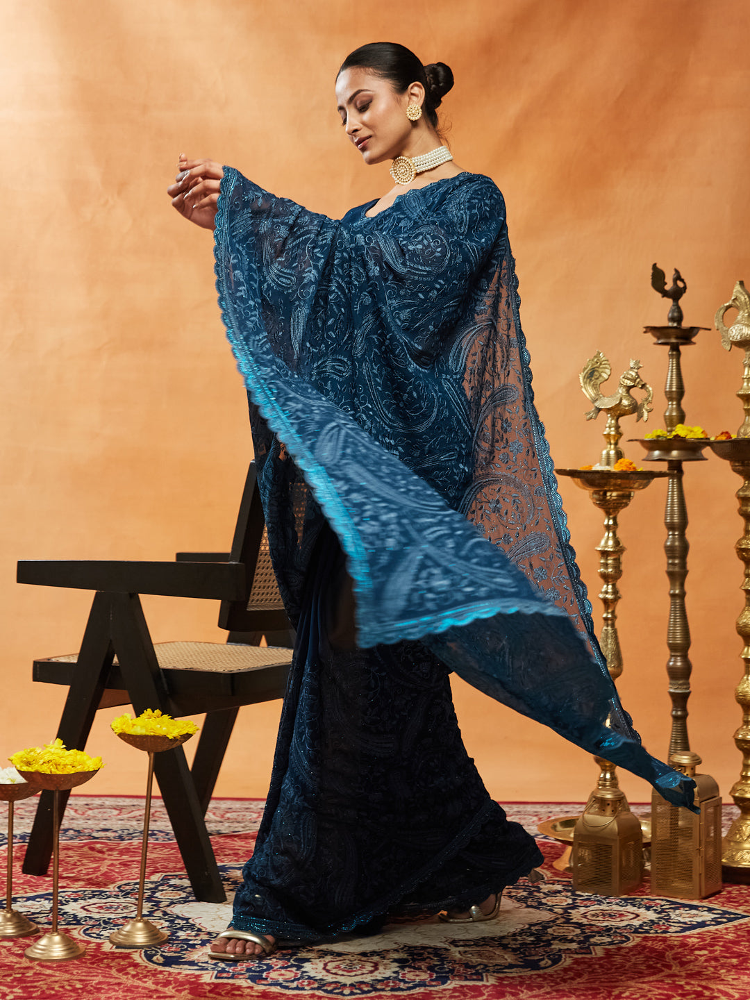 Dhiyona KS Women's Woven Design Embroidered Pure Georgette Saree